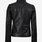 Back of Esme women's black short leather blazer showing shoulder yoke, panel seams and button cuffs