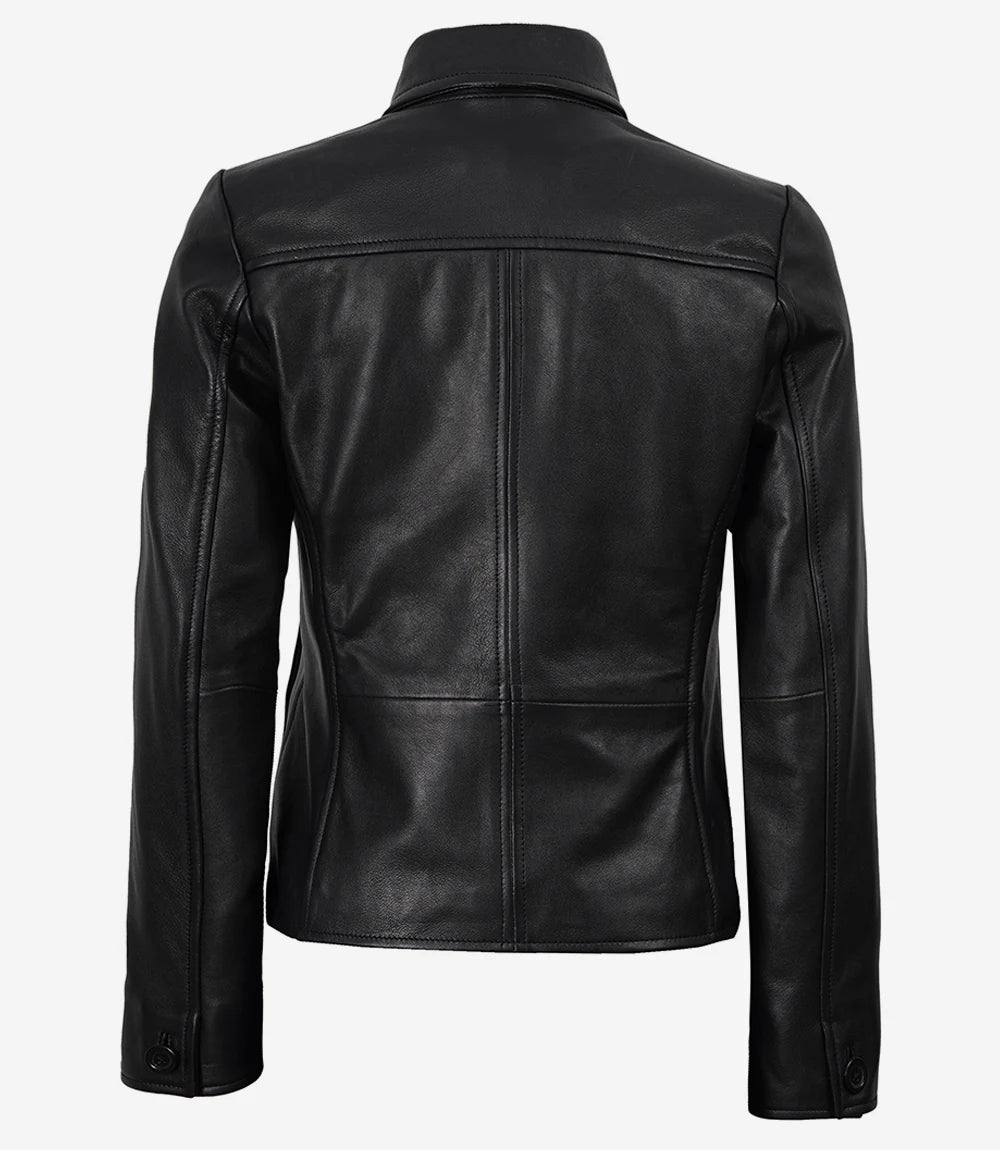 Back of Esme women's black short leather blazer showing shoulder yoke, panel seams and button cuffs