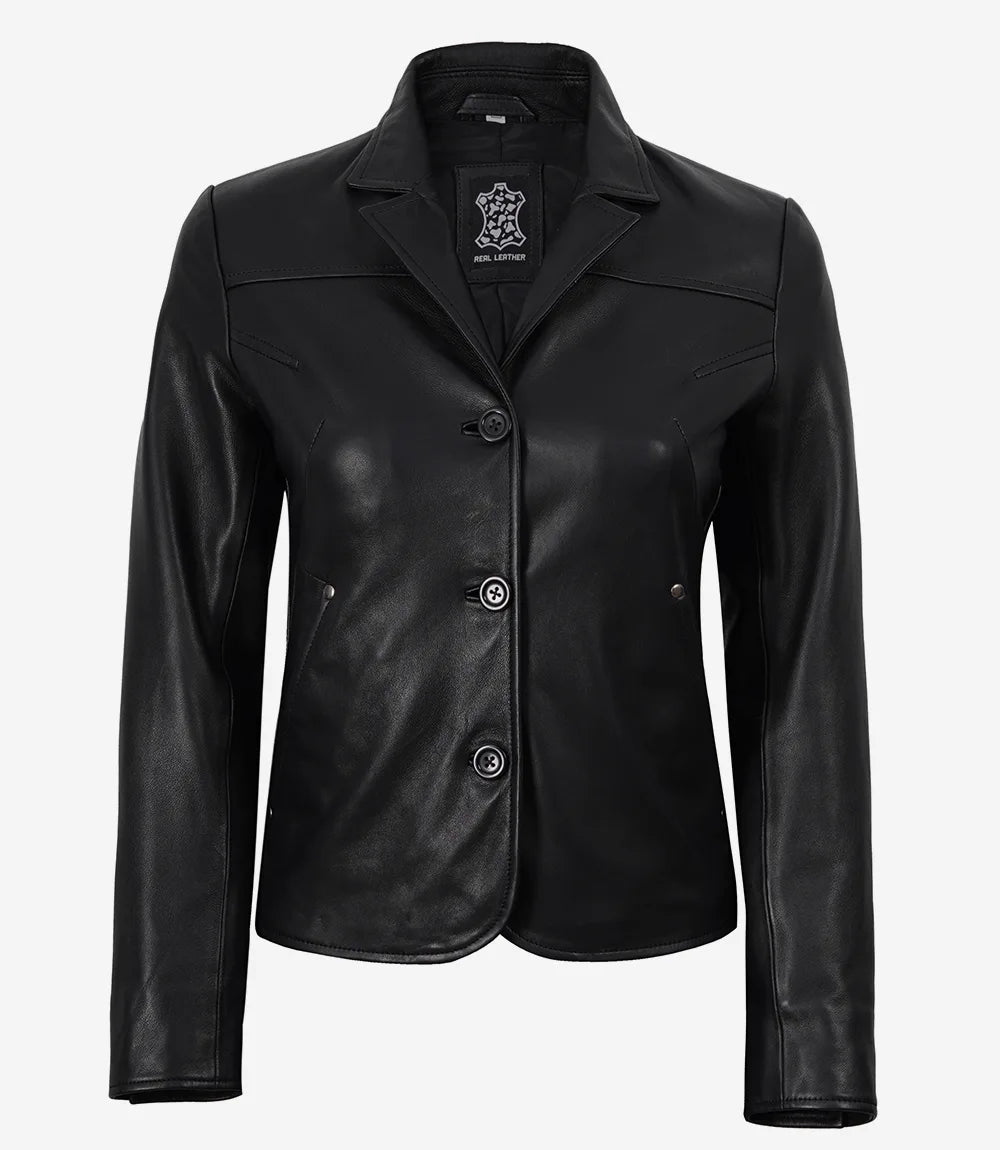 Esme women's black short leather blazer, front view with three buttons fastened
