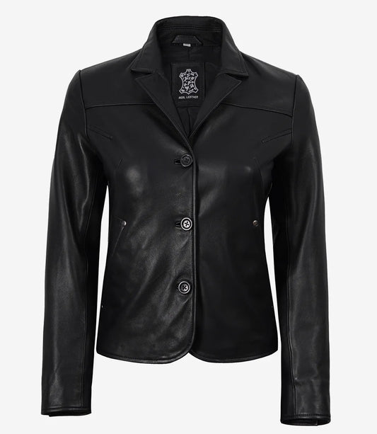 Esme women's black short leather blazer, front view with three buttons fastened