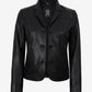 Esme women's black short leather blazer, open front showing three buttons and rounded hem