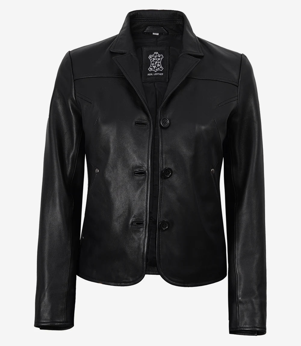 Esme women's black short leather blazer, open front showing three buttons and rounded hem