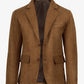 Men's brown faux leather notch lapel blazer, front view, buttoned