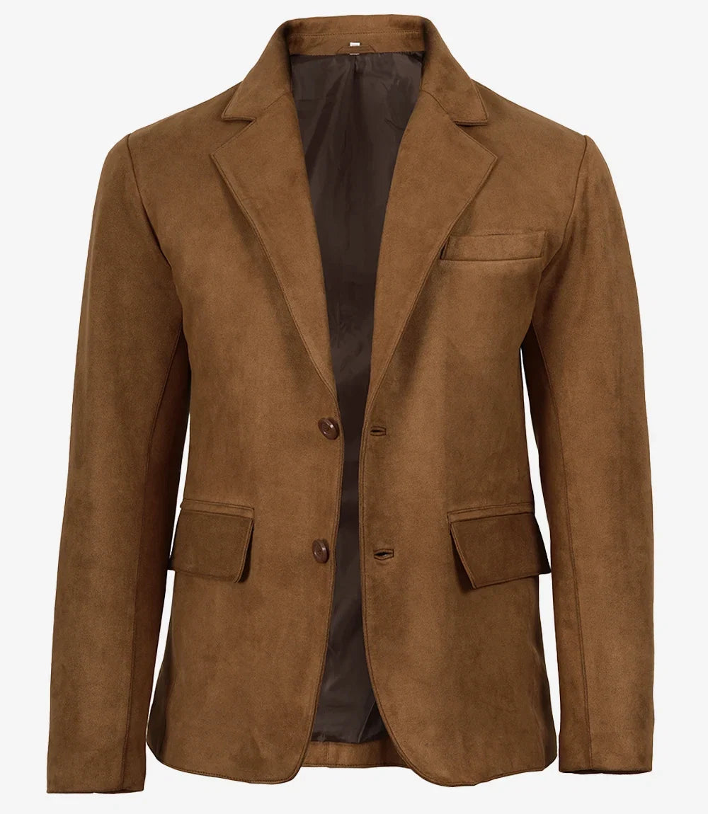 Men's brown faux leather notch lapel blazer, front view, buttoned