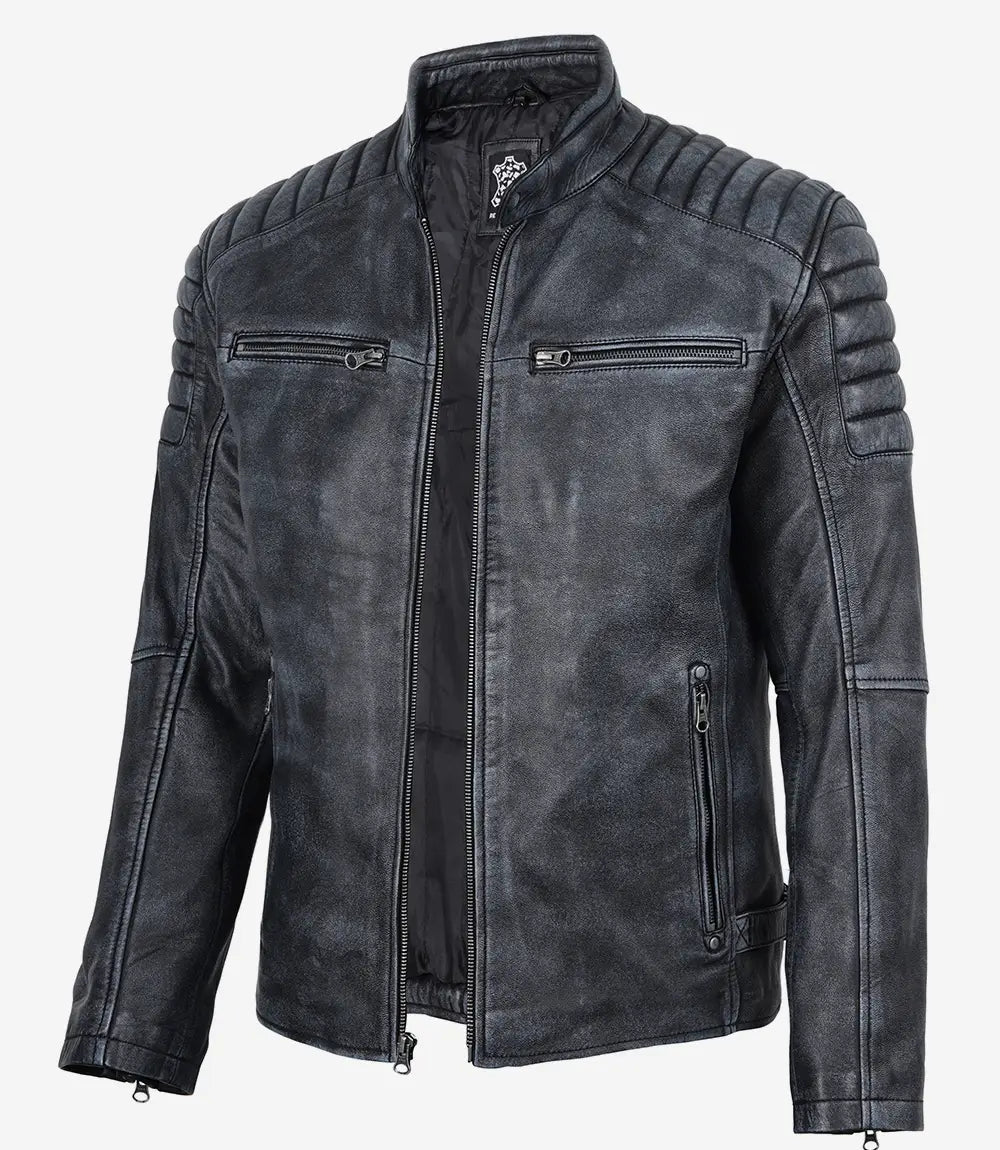 Felix men's black leather jacket, front view close-up