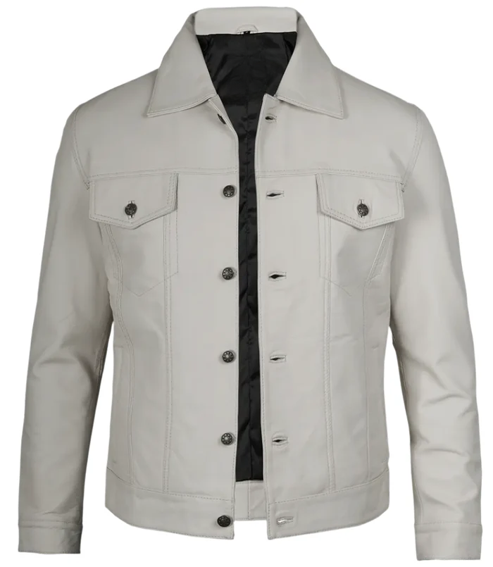 Fernando Men’s White Leather Trucker Jacket – Front Open View | NSM Jackets