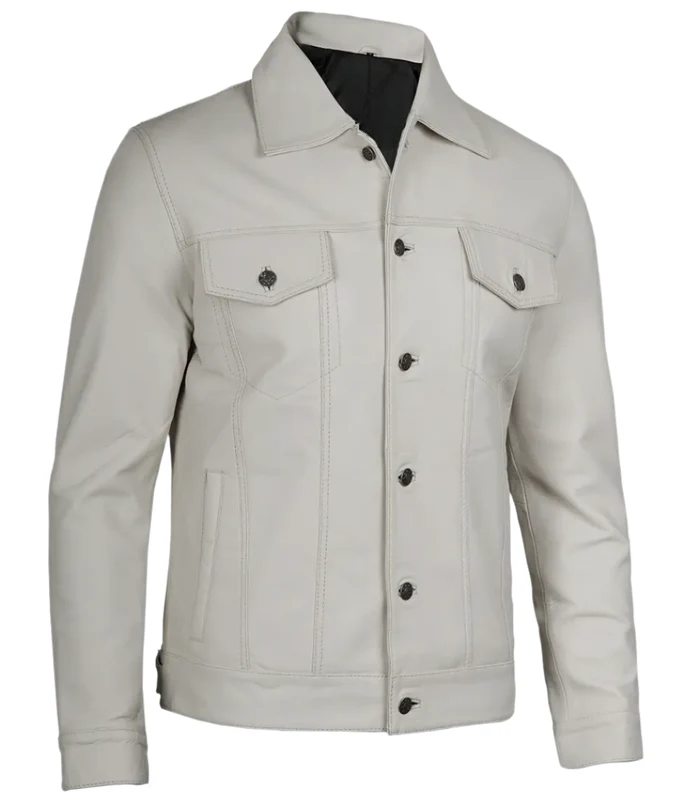 Fernando Men's White Leather Trucker Jacket - Front Open View