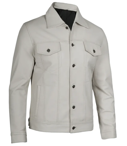Fernando Men's White Leather Trucker Jacket - Front Open View