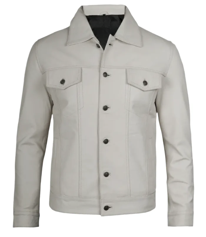 Men’s White Real Leather Trucker Jacket – Front Buttoned View | NSM Jackets