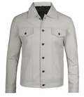 Men’s White Real Leather Trucker Jacket – Front Buttoned View | NSM Jackets