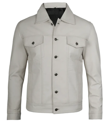 Men’s White Real Leather Trucker Jacket – Front Buttoned View | NSM Jackets