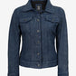 Wren blue washed leather trucker jacket for women, side view