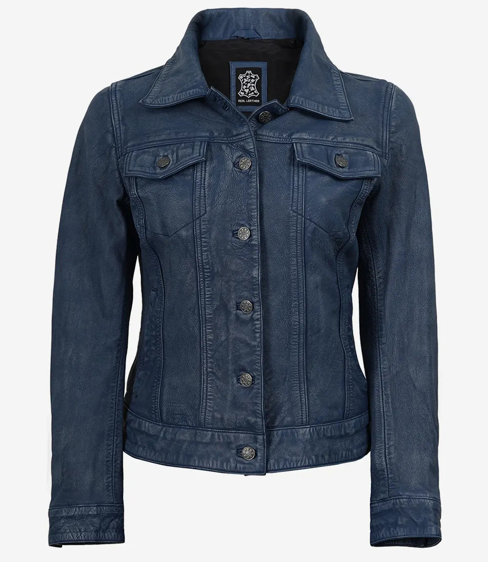 Wren blue washed leather trucker jacket for women, side view