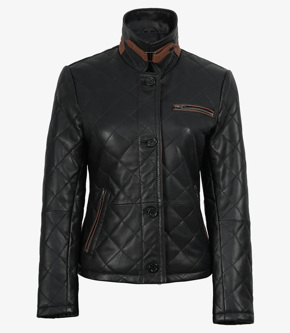 Marlowe women's black quilted leather jacket, side view