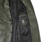 Olive green leather blazer features, pocket and lining detail
