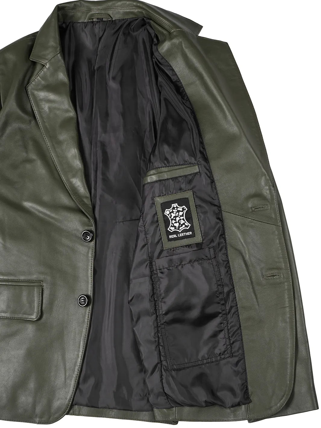 Olive green leather blazer features, pocket and lining detail