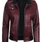 Blaze Women's Maroon Hooded Bomber Leather Jacket - Front Open View