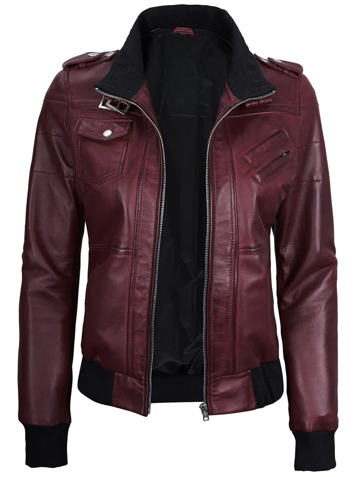 Blaze Women's Maroon Hooded Bomber Leather Jacket - Front Open View