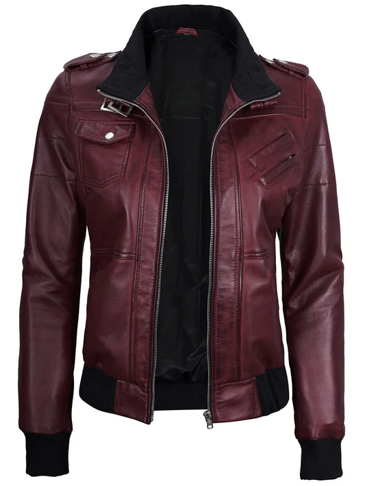 Blaze Women's Maroon Hooded Bomber Leather Jacket - Front Open View