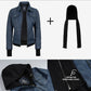 Close-up of hooded leather jacket features, jersey hood and drawcord detail