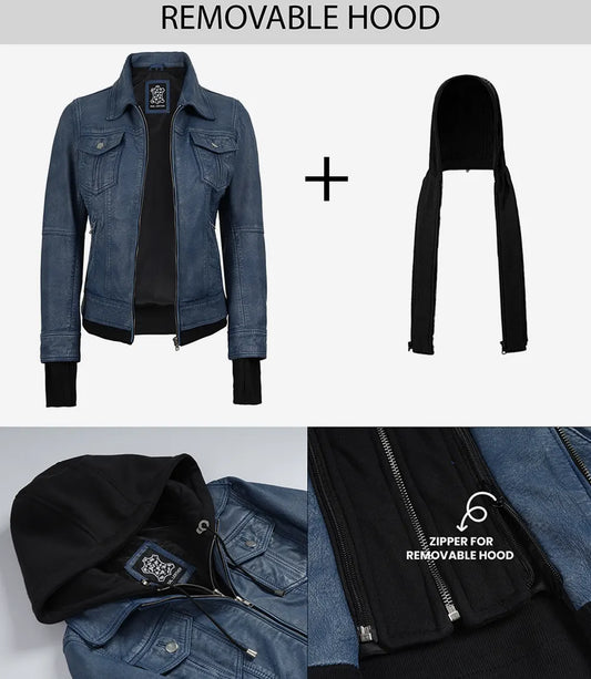 Close-up of hooded leather jacket features, jersey hood and drawcord detail