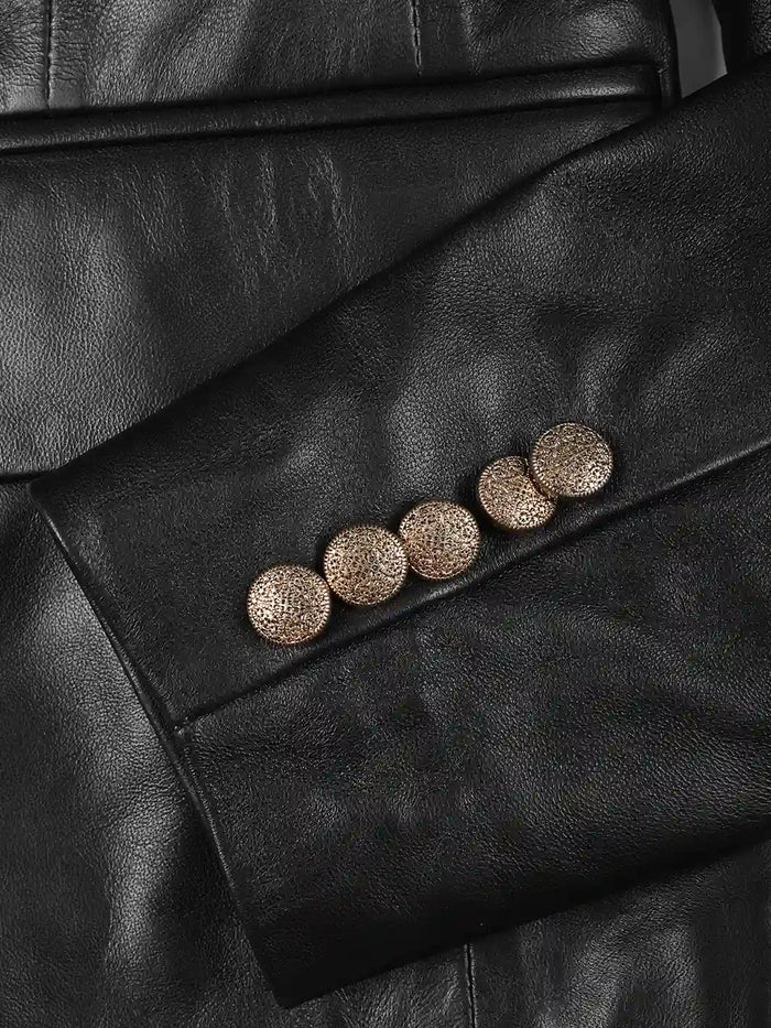 Duchess Women's Black Double-Breasted Leather Blazer - Detail View