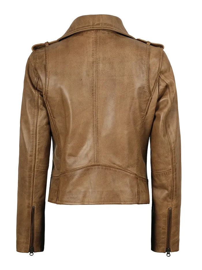 Women’s Camel Brown Biker Leather Jacket – Front View