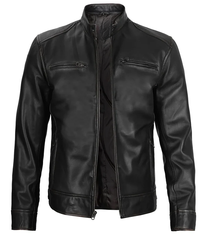 Men’s Black Café Racer Leather Jacket – Front View | NSM Jackets