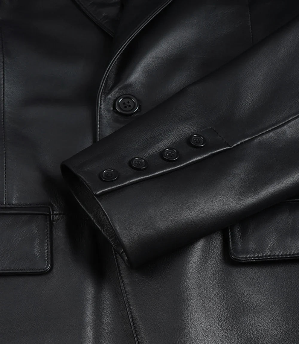 Baron black leather blazer, lapel and button detail