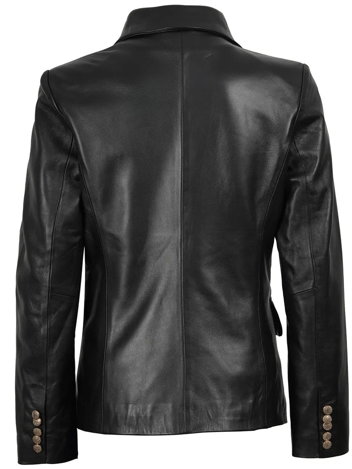 Duchess Women's Black Double-Breasted Leather Blazer - Angle View