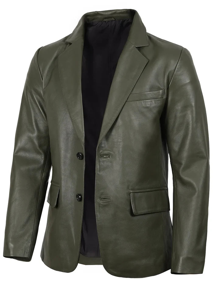 Side Angle of Men’s Green Real Leather Blazer