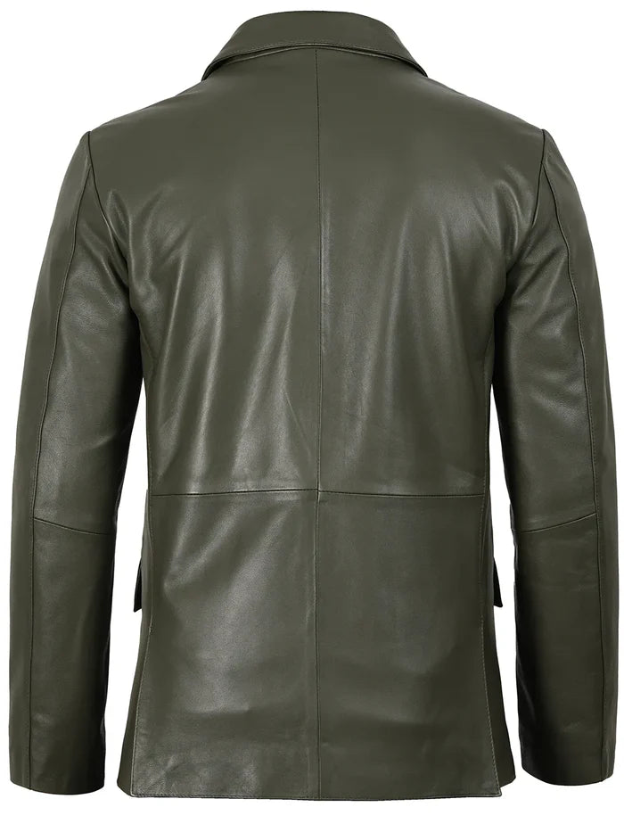 Back View of Men’s Olive Leather Blazer – Tailored Fit