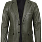 Duke men's olive green leather blazer, front view, buttoned