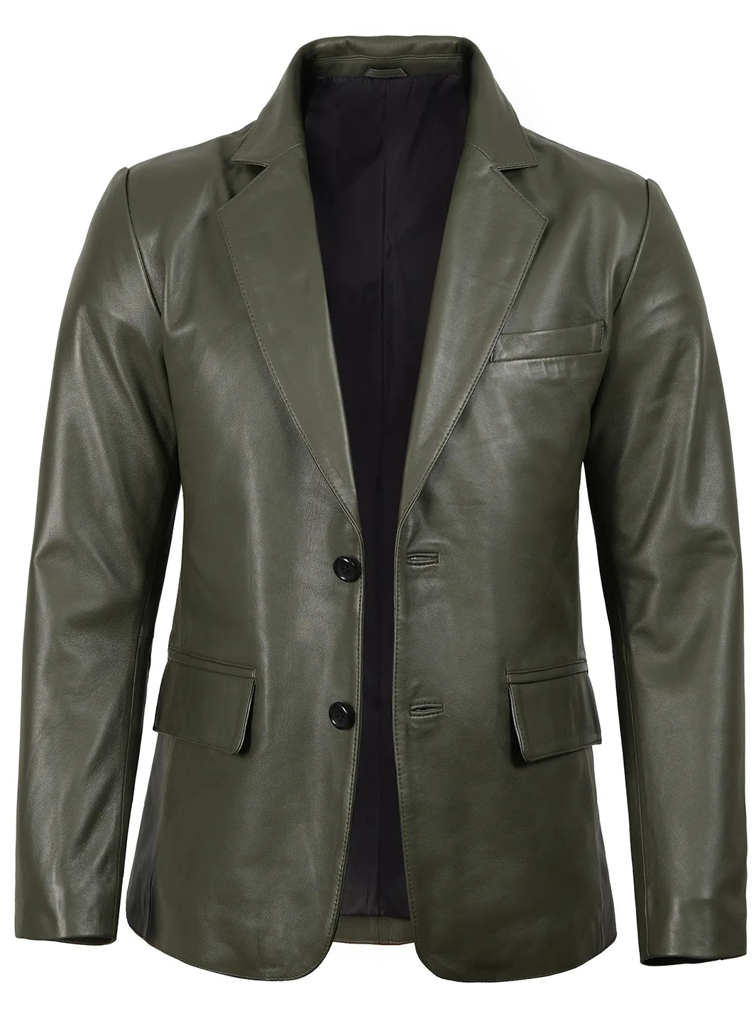 Duke men's olive green leather blazer, front view, buttoned
