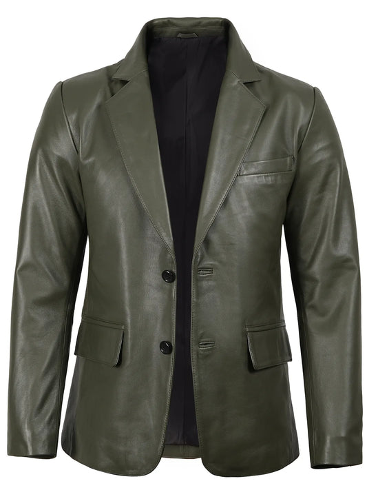 Duke men's olive green leather blazer, front view, buttoned