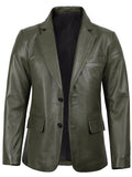 Duke men's olive green leather blazer, front view, buttoned