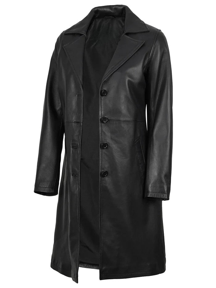 Women’s 3/4 Length Black Leather Car Coat – Side Angle