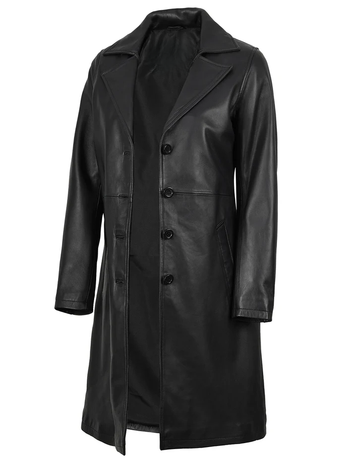 Noir Women's Black Leather Coat - Front Open View