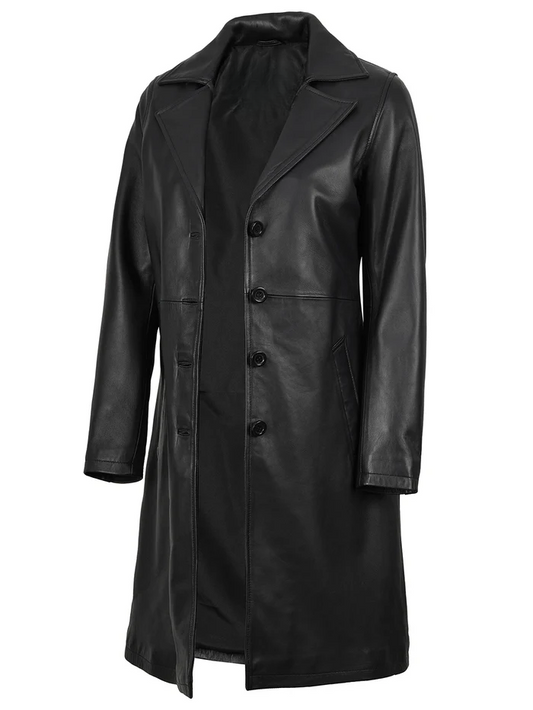 Noir Women's Black Leather Coat - Front Open View