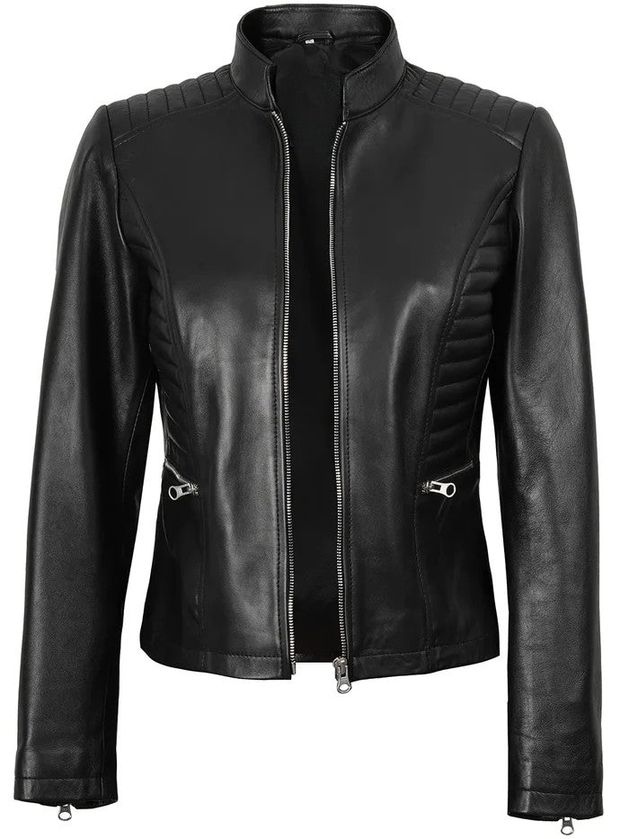 Women’s Black Quilted Biker Leather Jacket – Front View