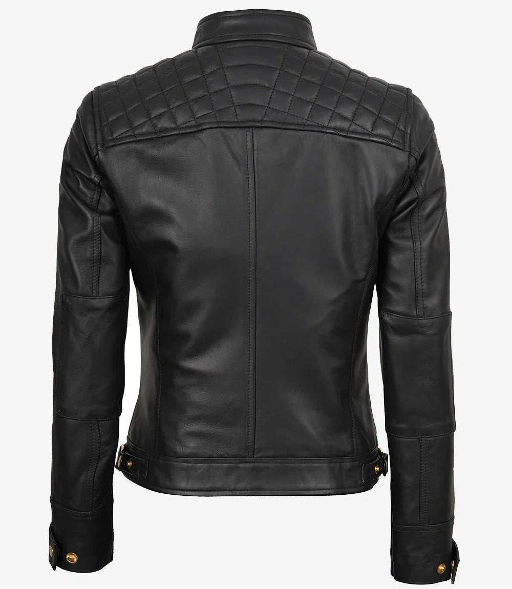 Leather jacket for women biker style, gold hardware detail