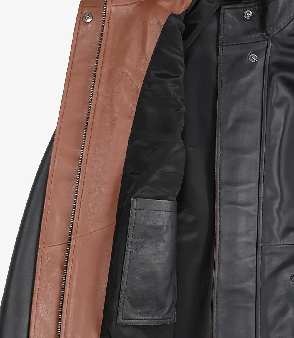 Hazel leather jacket for women, black with brown panel detail