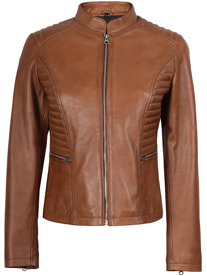 Women’s Tan Quilted Biker Leather Jacket – Front View