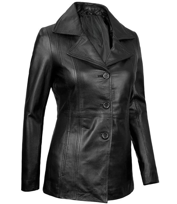 Women’s Black Sheepskin Leather Blazer – Side Angle
