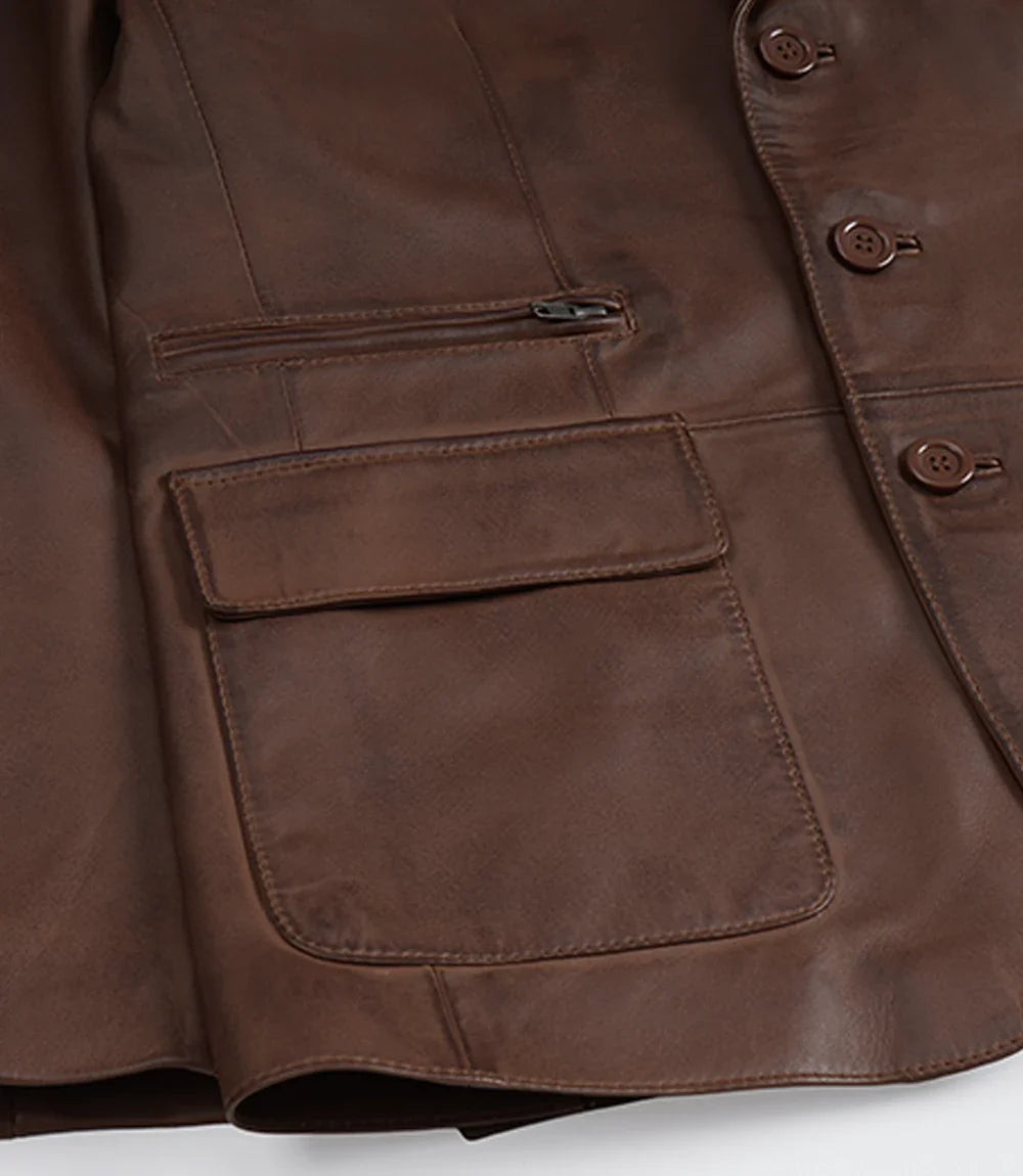 Earl leather blazer brown, zip chest pocket detail