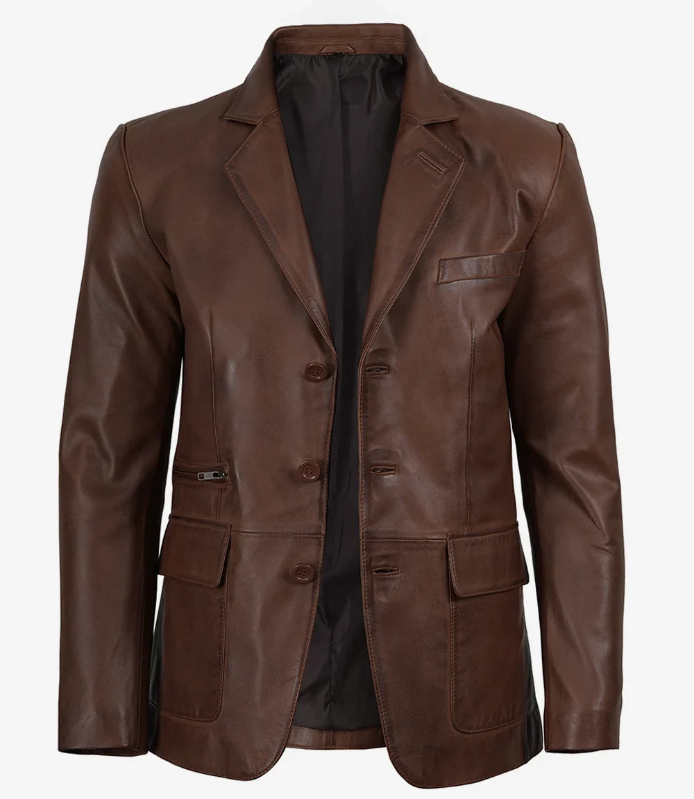 Earl men's brown leather blazer, flap pocket detail view