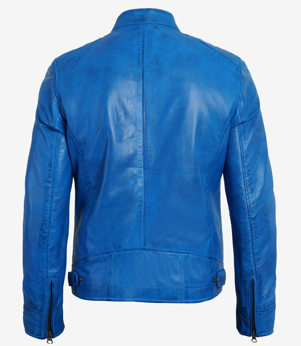 Blue leather cafe racer jacket for men, front detail