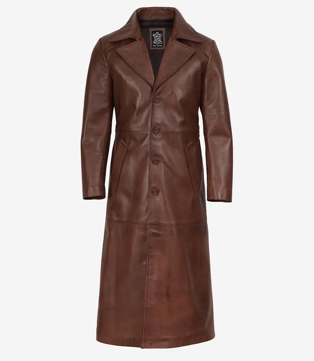 Vaughn men's brown leather duster coat, front view