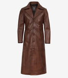 Vaughn men's brown leather duster coat, front view