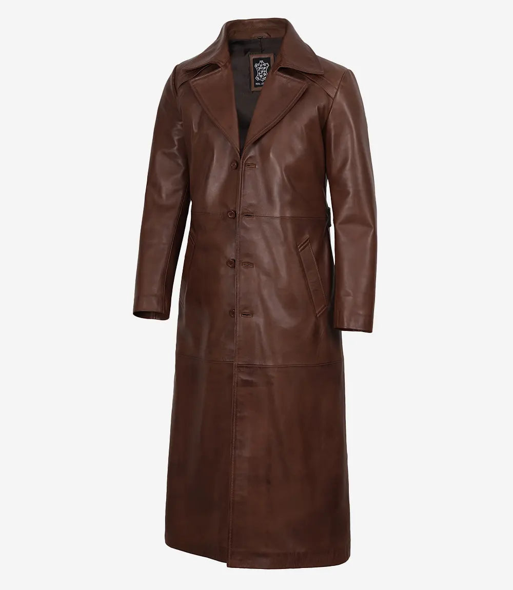 Men's brown leather coat, full front view